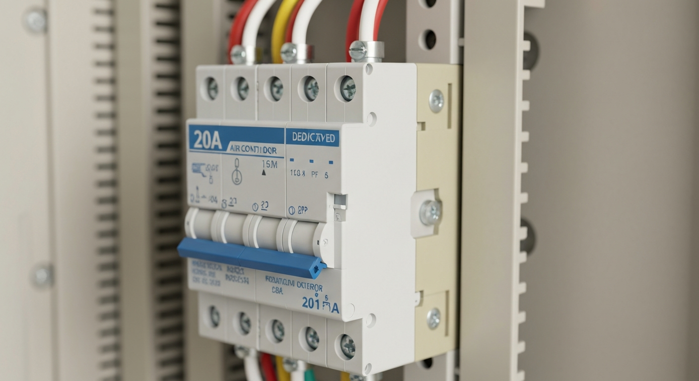 Disyuntor de 20A exclusivo para aire acondicionado instalado en tablero eléctrico