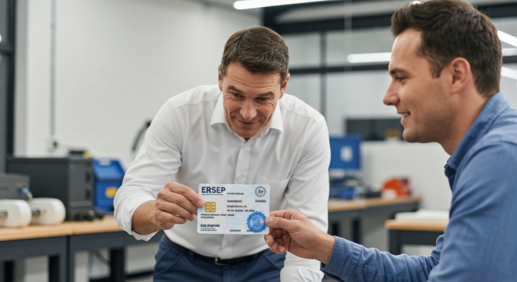 Electricista mostrando carnet de matrícula ERSEP vigente