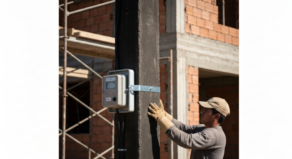 Pilar de luz con medidor EPEC en obra nueva en Córdoba, Argentina