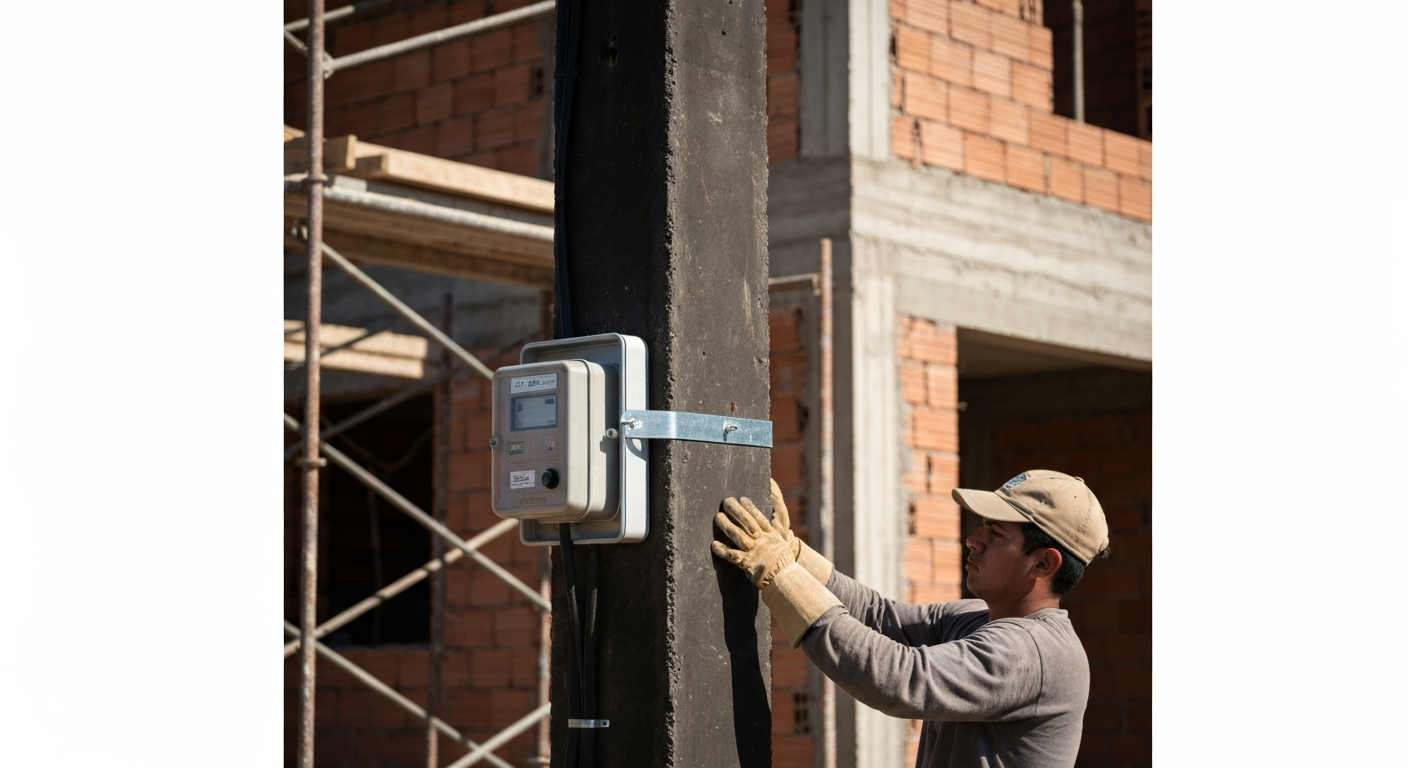Pilar eléctrico con medidor EPEC instalado en terreno de obra nueva en Córdoba