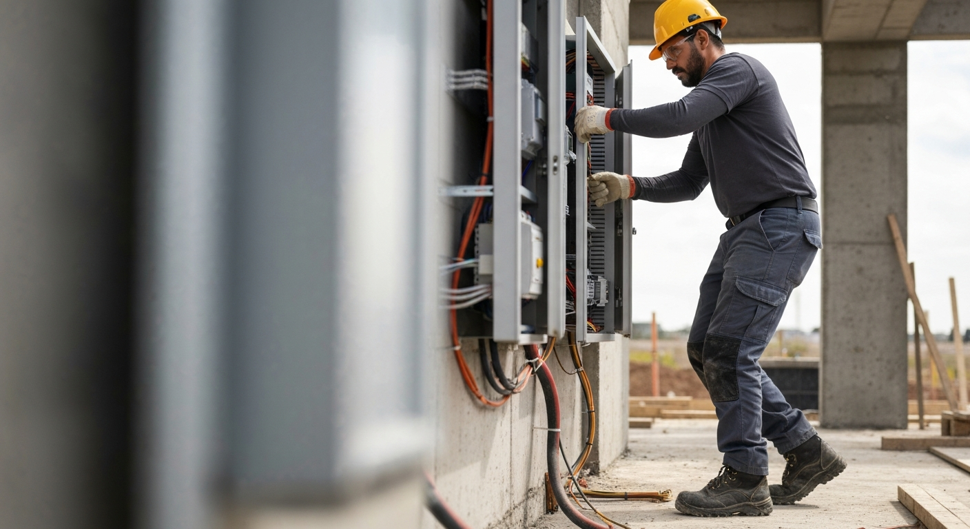 Electricista instalando tablero de acometida eléctrica en obra nueva en Córdoba