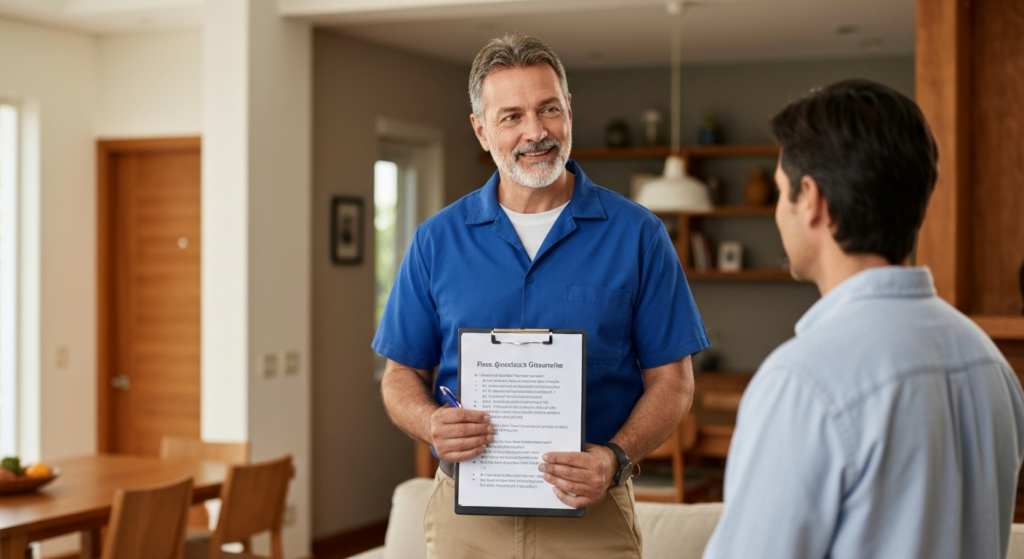 Electricista entregando presupuesto detallado por escrito a propietario