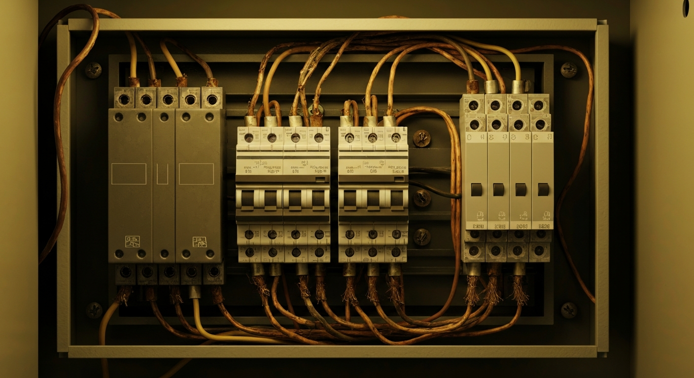 Tablero eléctrico viejo con cableado deteriorado y disyuntores oxidados, riesgo eléctrico