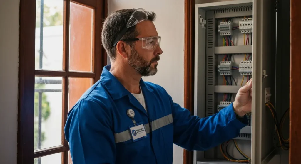 Electricista revisando tablero eléctrico en vivienda de Córdoba