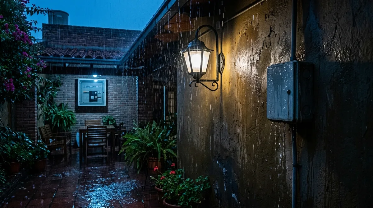 Patio residencial durante tormenta con filtración de agua en luminaria exterior