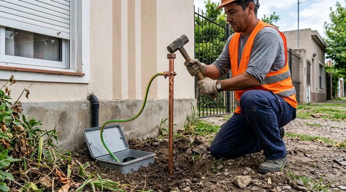 Instalación de jabalina de puesta a tierra con caja de inspección y cable verde amarillo