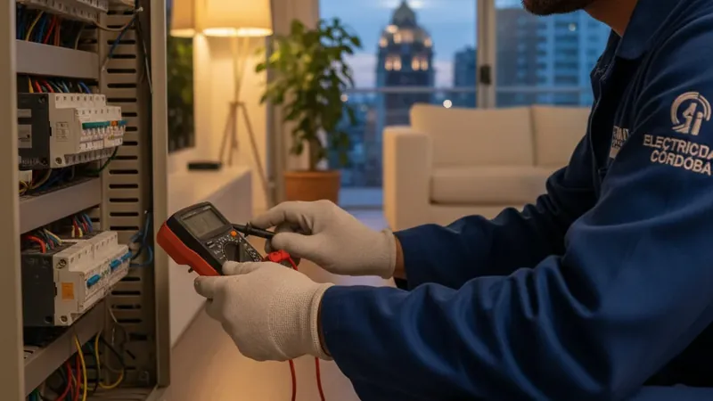 Electricista atendiendo una urgencia eléctrica en un tablero en Córdoba Capital